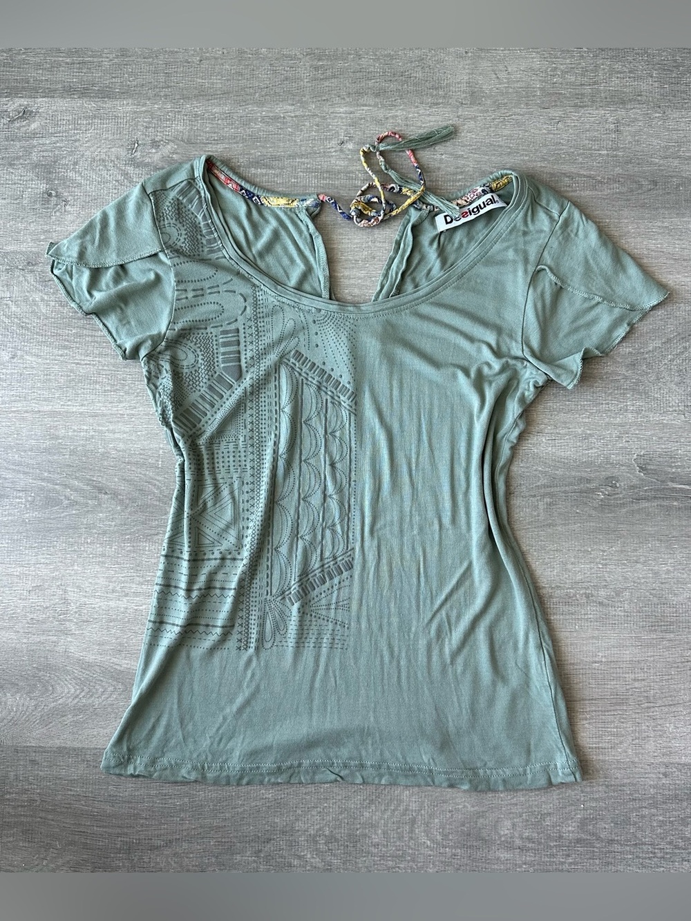 Desigual Sage Green Short Sleeve Graphic and Tie Back Top